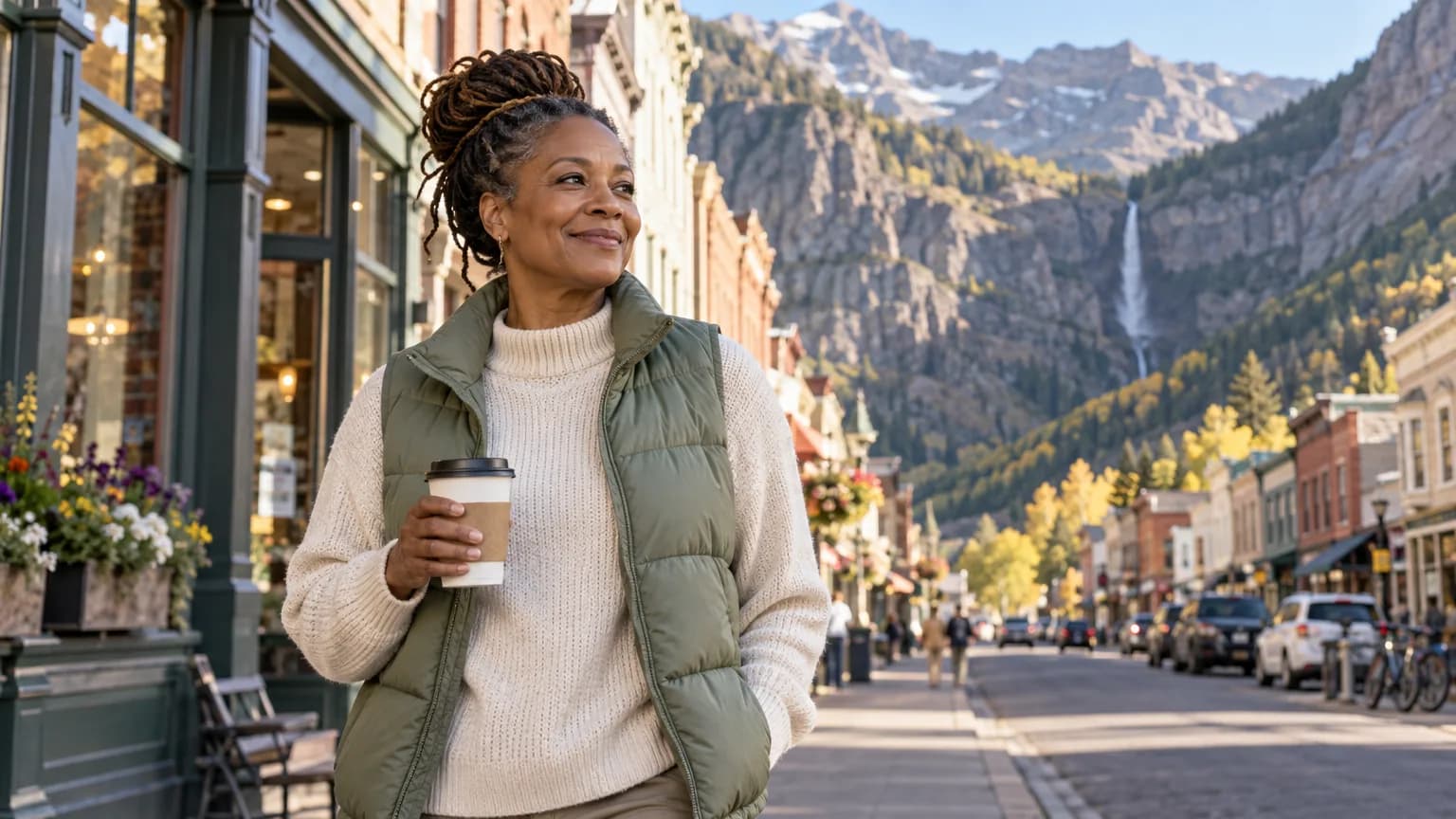 A woman with a coffee on Telluride's main street with a waterfall at the end of the valley