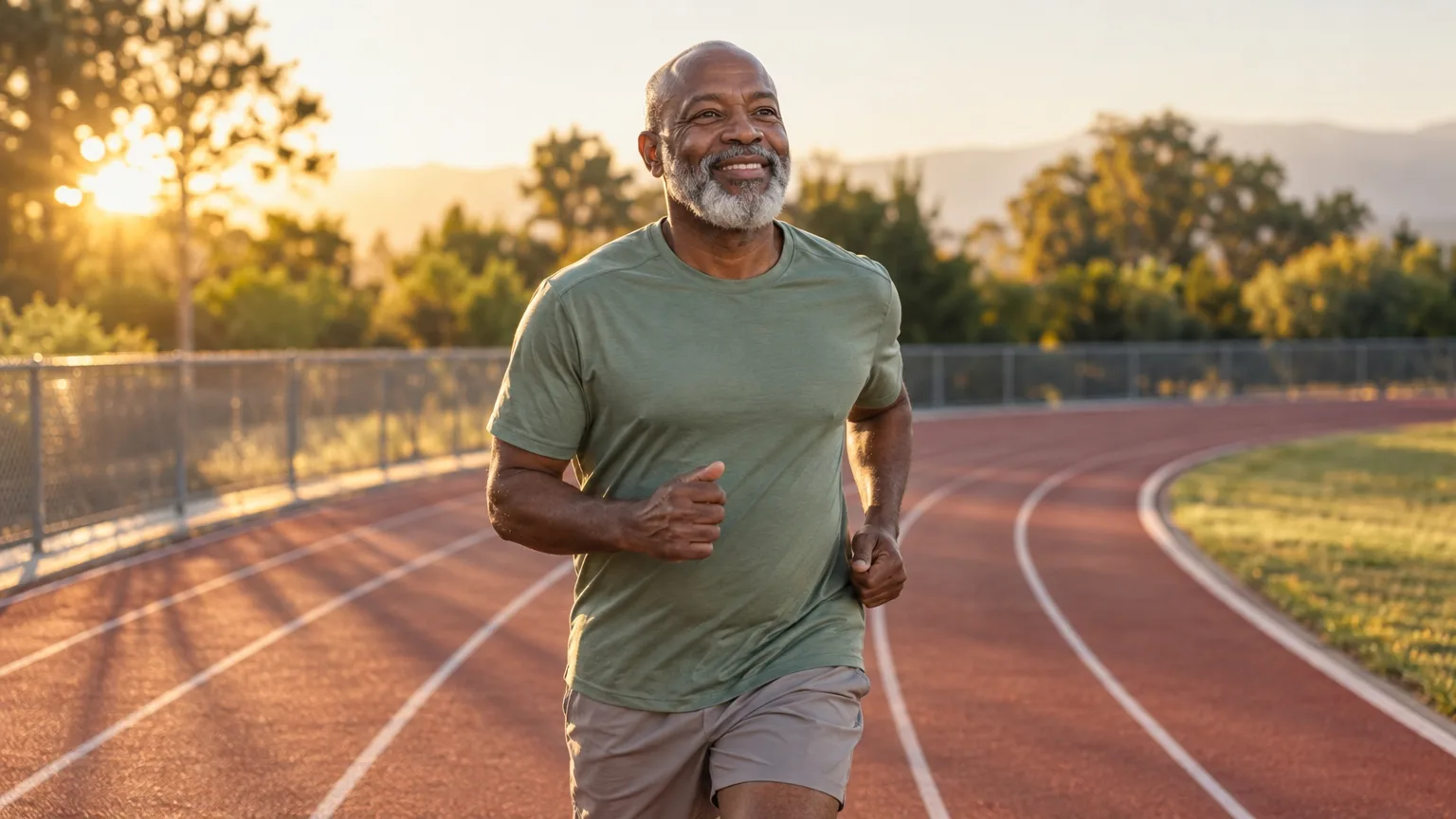 A man in his 60s running on an outdoor track in early morning light