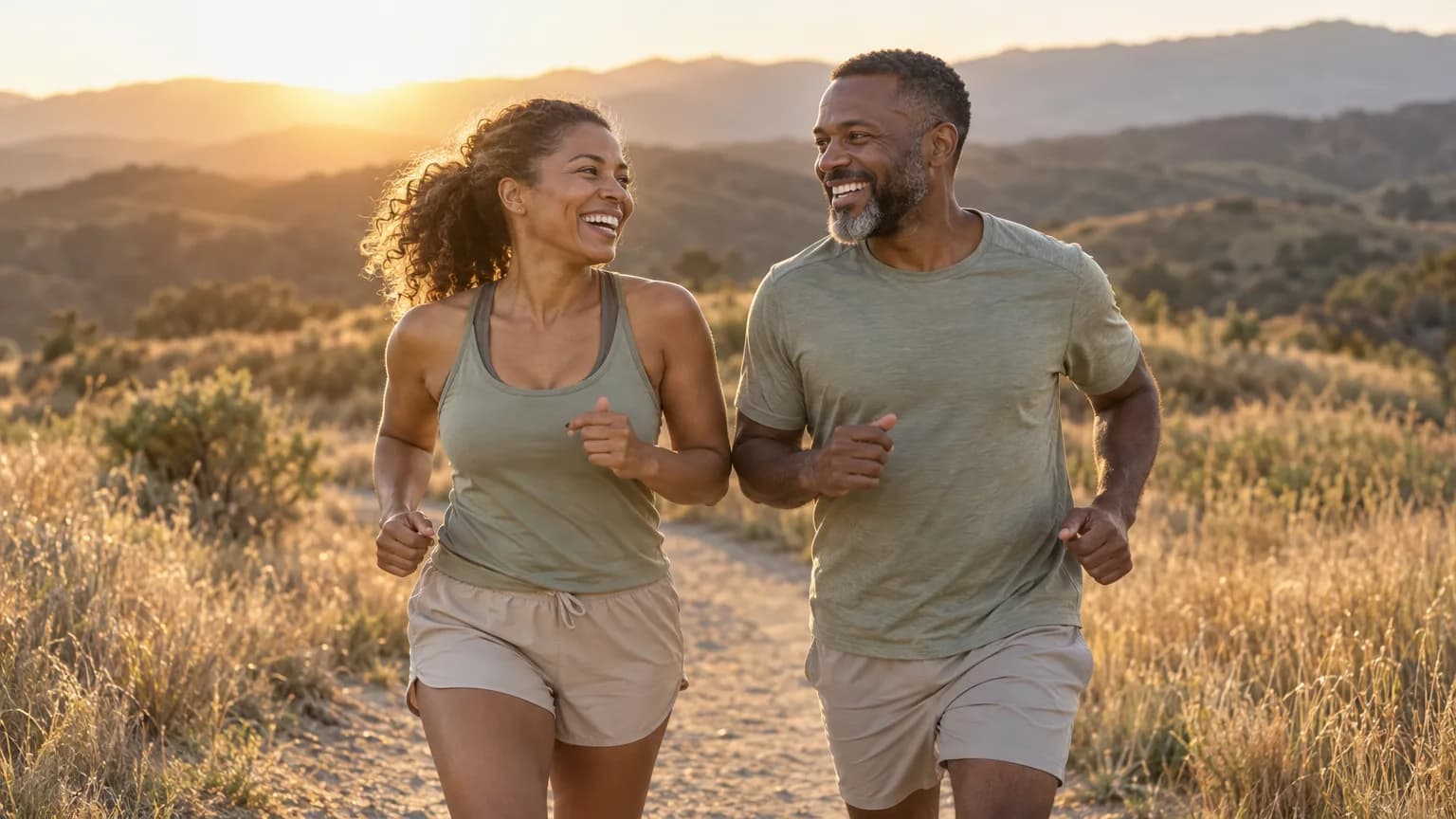 A man and woman in their mid-40s jogging together on a dirt trail through golden grassland at sunset