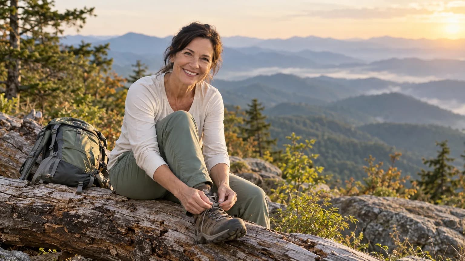 A woman retying a hiking boot at a ridge overlook in the Great Smoky Mountains