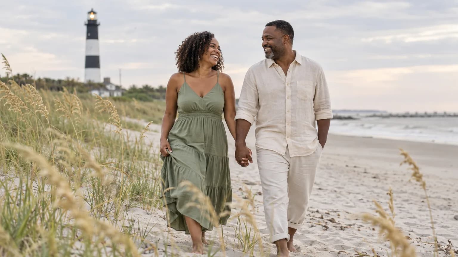 A couple walking hand in hand on Tybee Island beach near the lighthouse