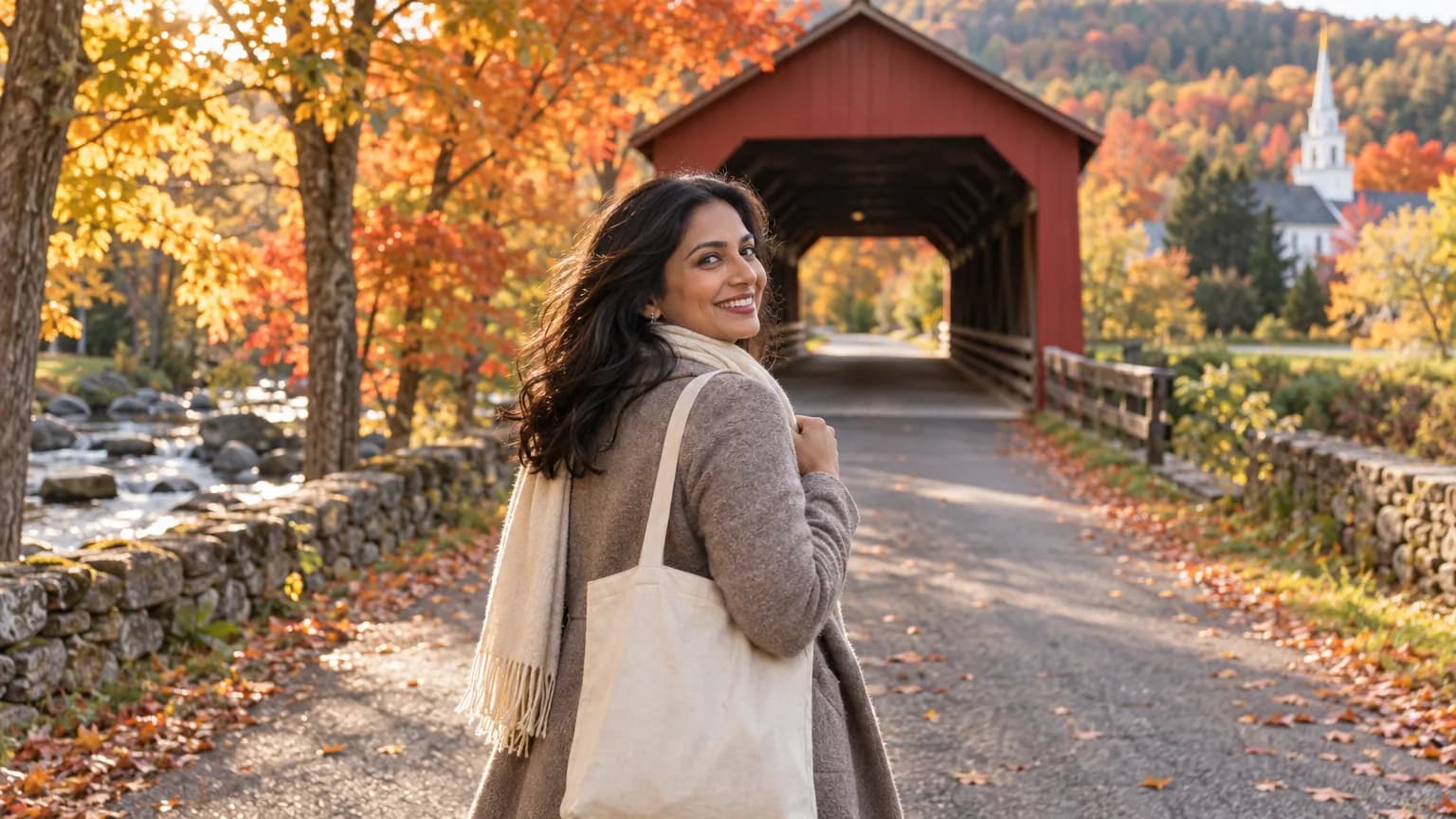 A woman walking toward a red covered bridge on a Vermont road in autumn