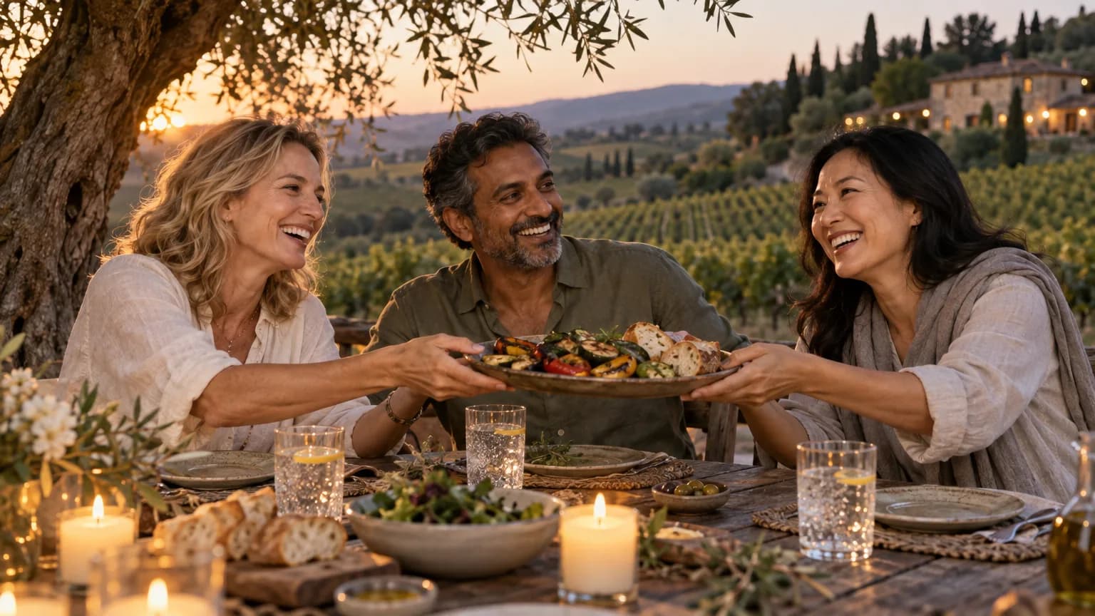 Three friends sharing dinner at a long table in a vineyard at dusk