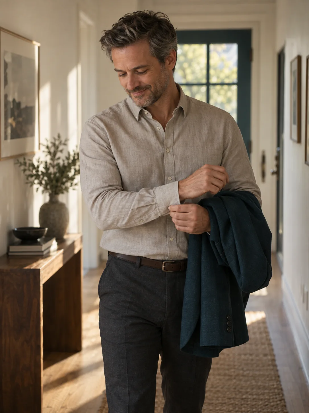 A man in his early forties buttoning a shirt cuff in a sunlit hallway