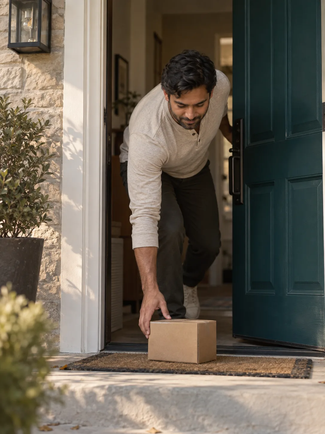 A man in his late thirties picking up a plain parcel from his front step