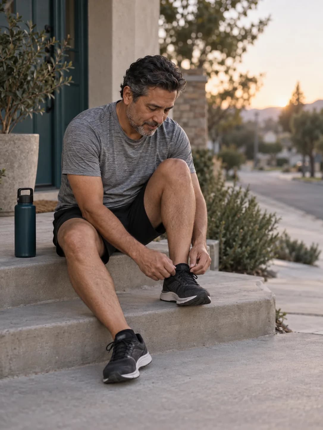 A man of about fifty lacing a running shoe on a porch step at dawn