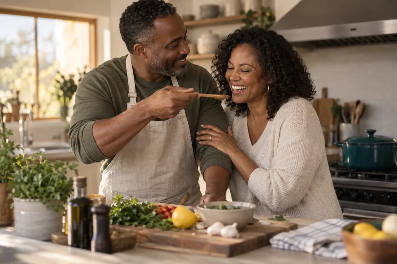 A couple in their mid-forties laughing together while cooking dinner