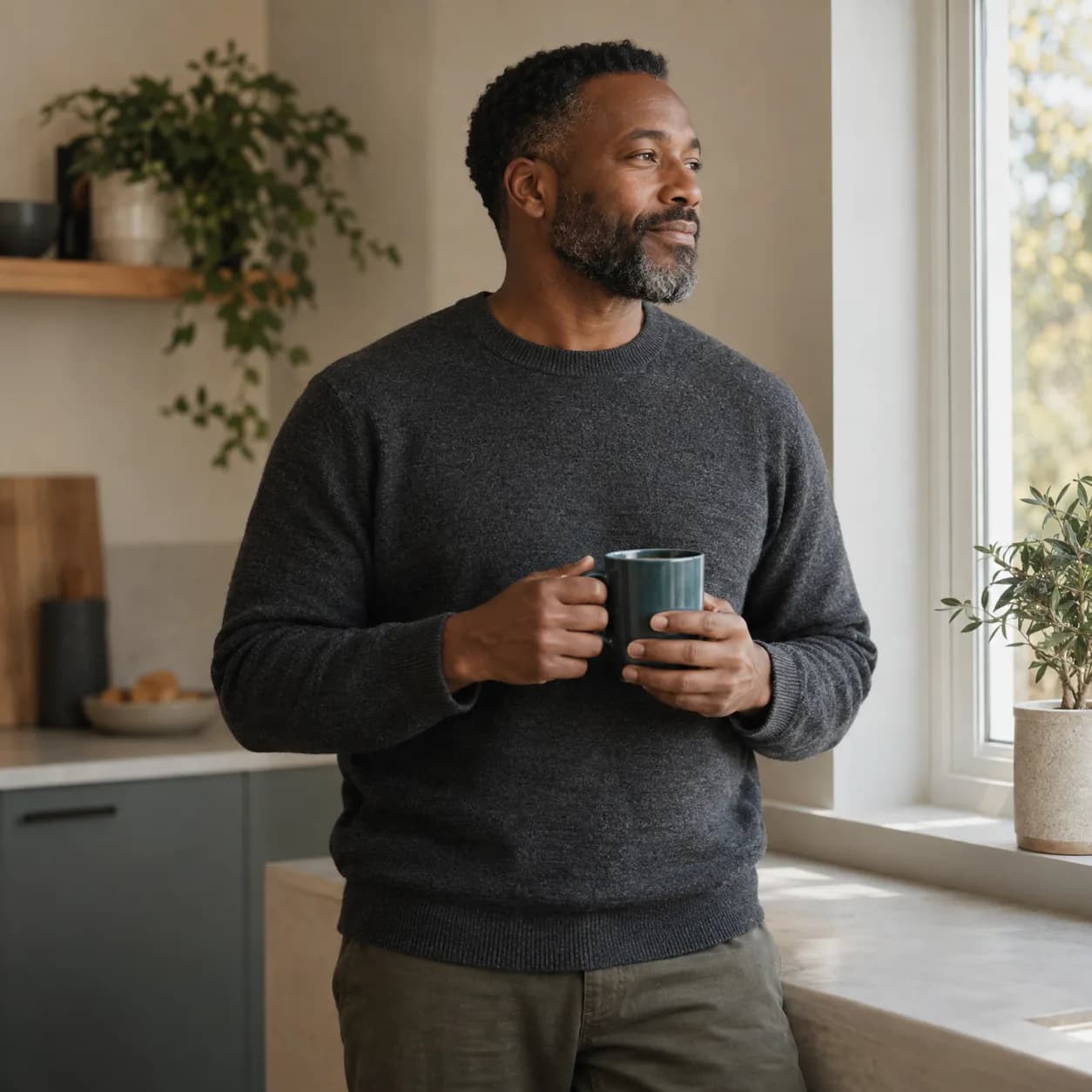 A man in his mid-forties holding a mug of coffee at a bright kitchen window