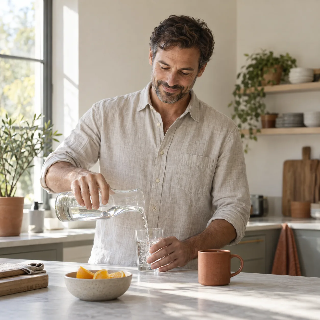 A man in his early forties pouring a glass of water in a sunlit kitchen
