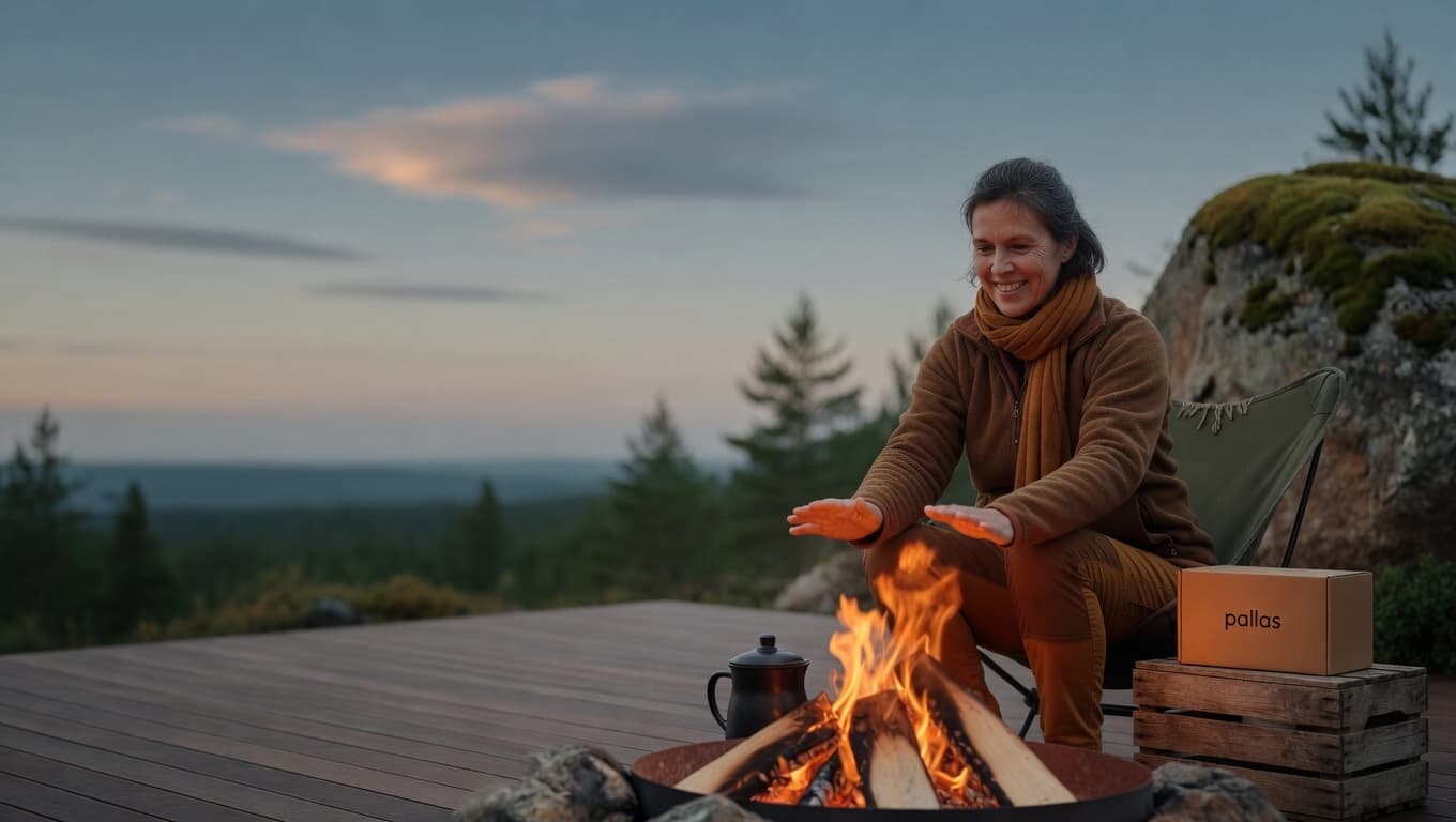 Member warming her hands by a fire pit at dusk