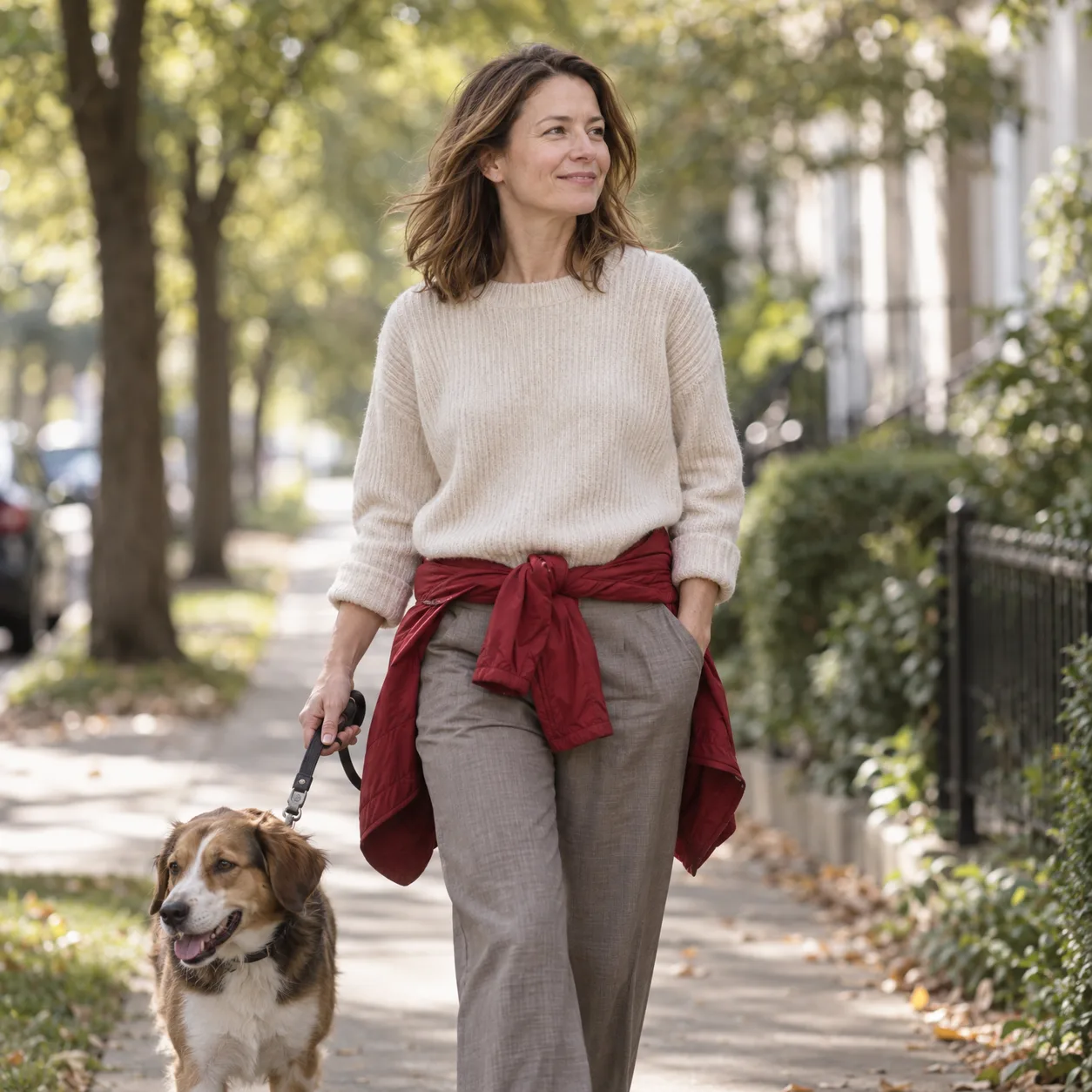 A woman in her early forties walking her dog on a tree-lined street
