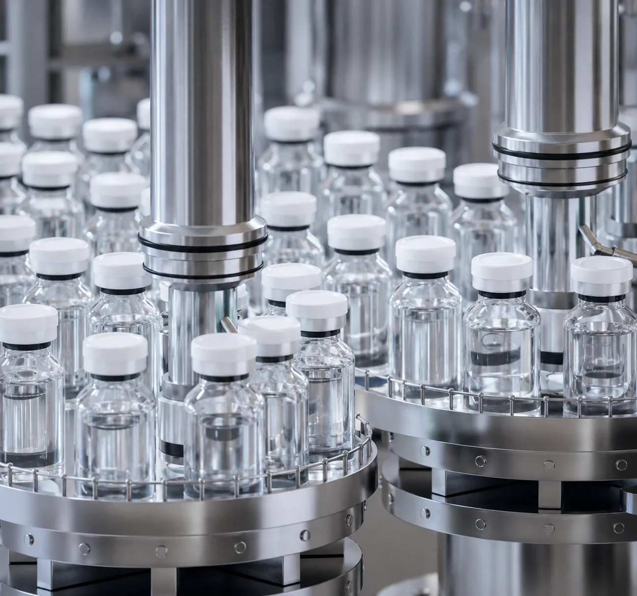 Glass medication vials on a pharmacy filling line