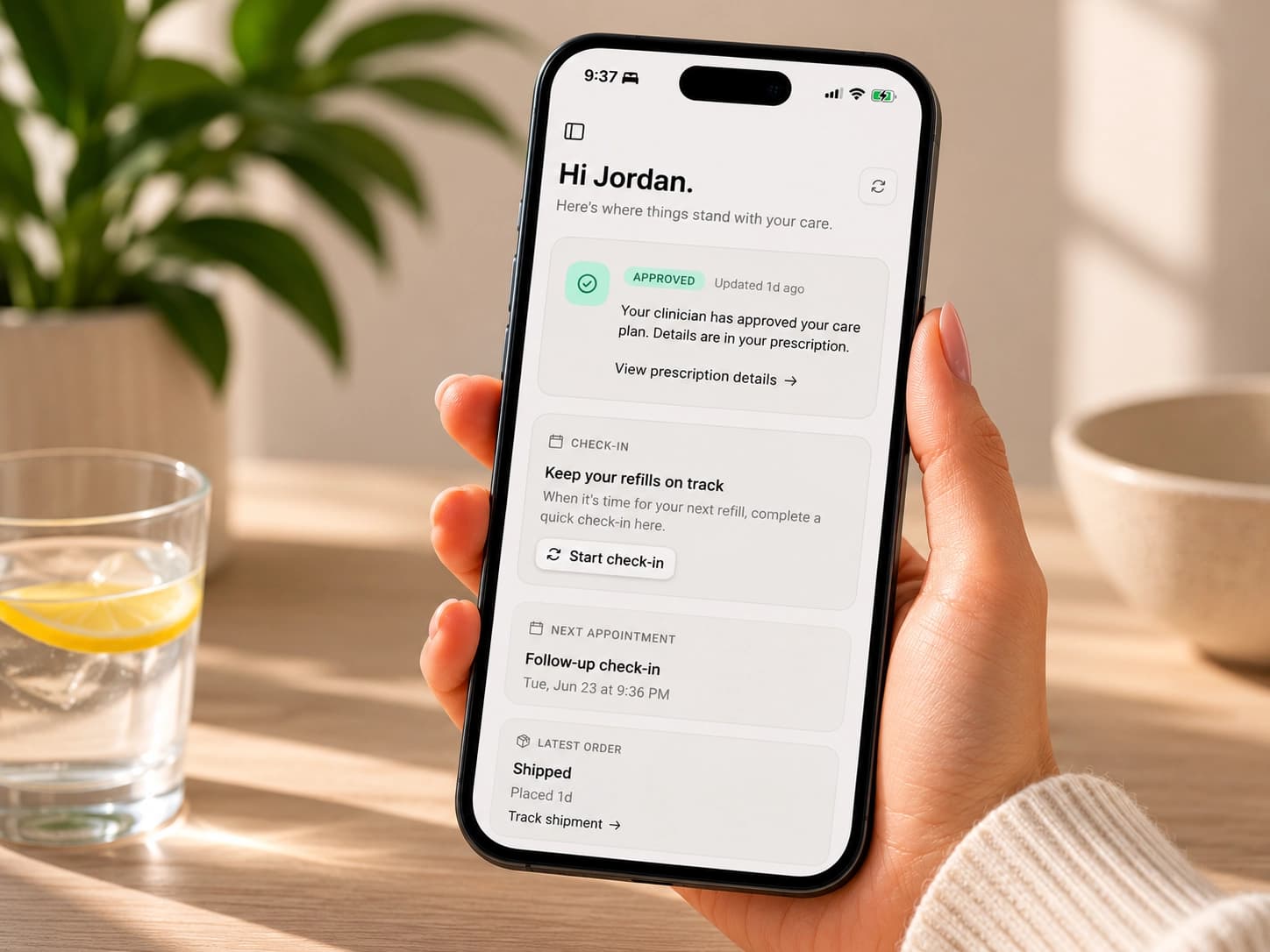 The Pallas member portal — track your order, message your provider, and reorder refills
