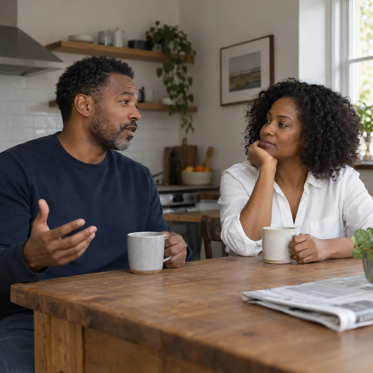 A couple in their mid-forties talking over coffee at a kitchen table on a weekday morning