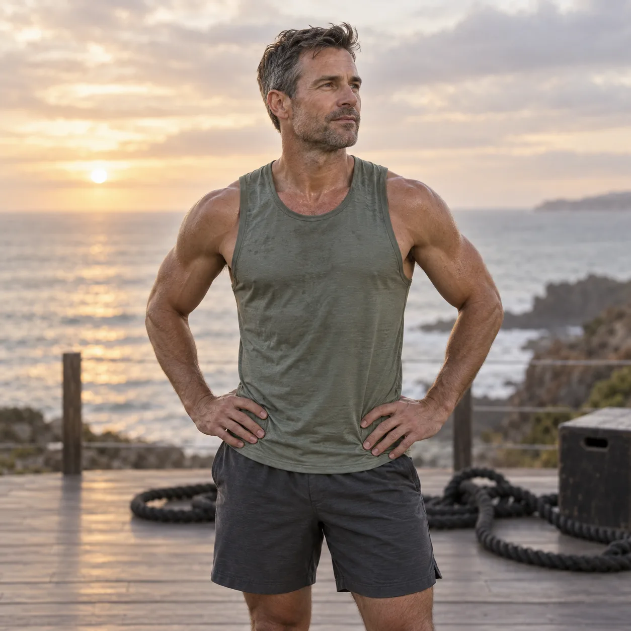 A man in his forties on a coastal training deck at sunrise, hands on hips after a workout