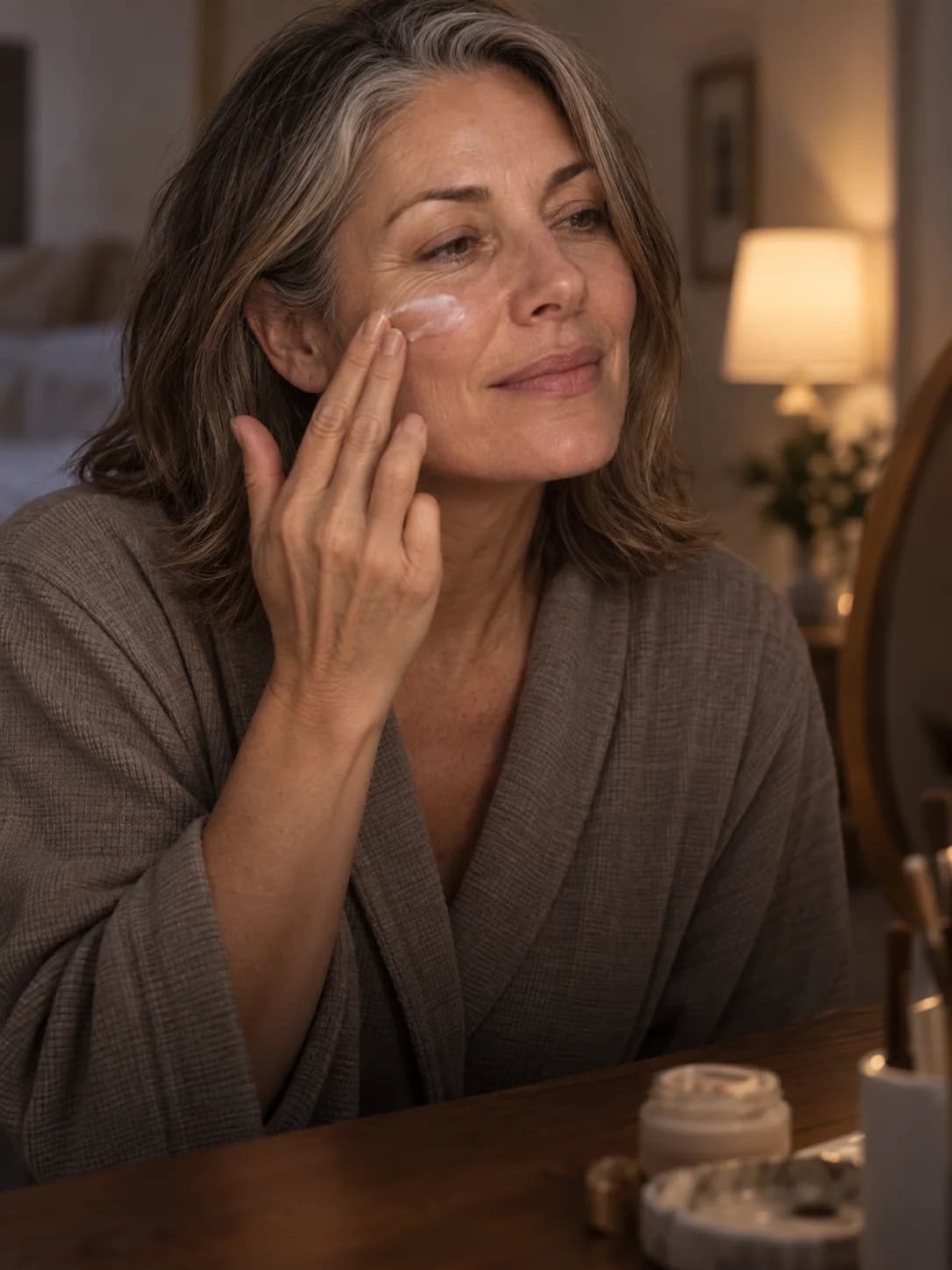 A woman with silver-streaked hair applying night cream at a vanity