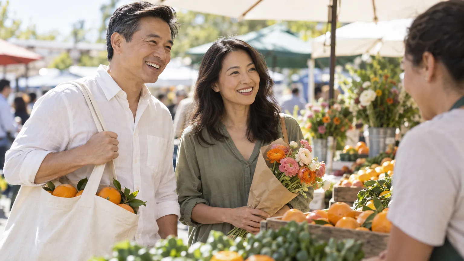 A couple shopping at a farmers market in California.