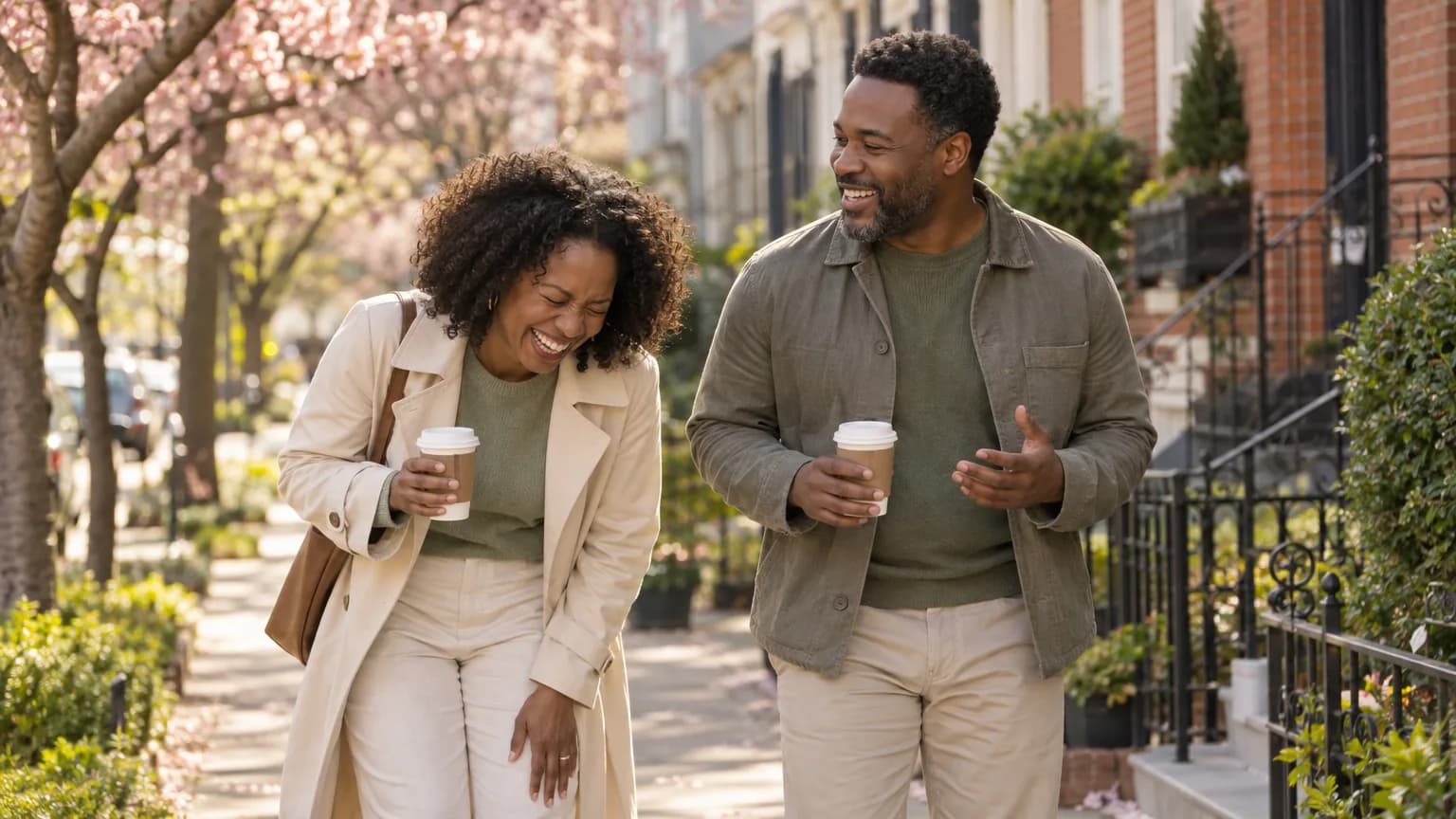 A couple laughing over coffee on a rowhouse street in Washington, DC in spring.