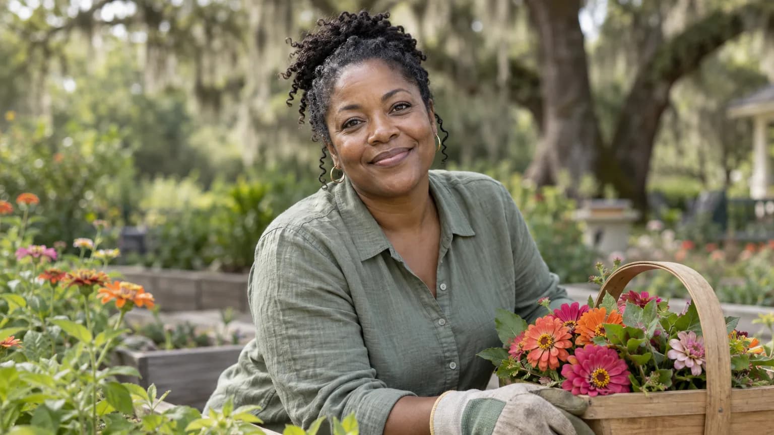 A woman gardening with a basket of cut flowers in Georgia.