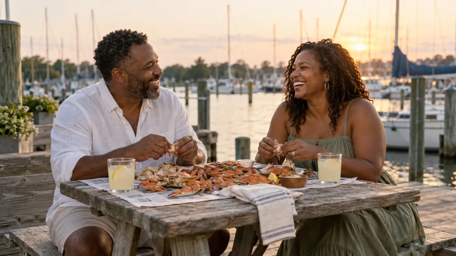 A couple at a dockside crab dinner on a harbor in Maryland.