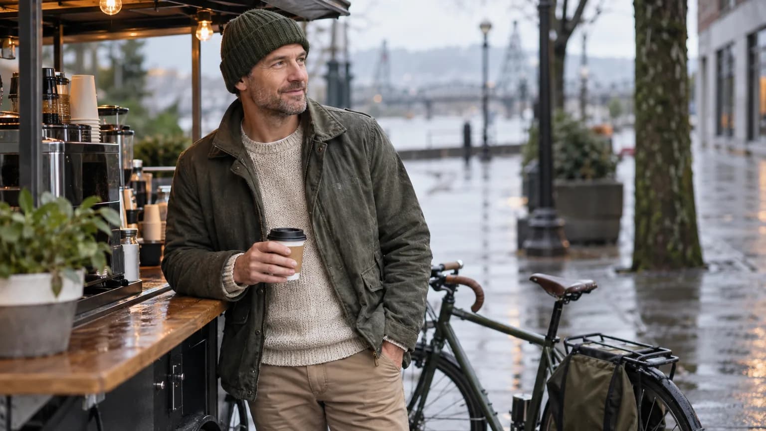 A man with coffee at a cart on a rain-wet city street in Oregon