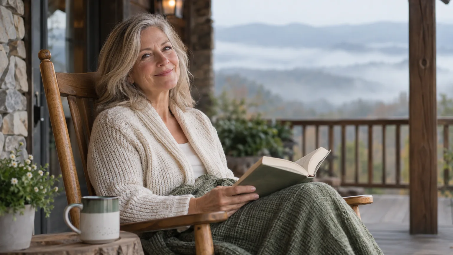 A woman reading on a cabin porch in North Carolina on a foggy morning.
