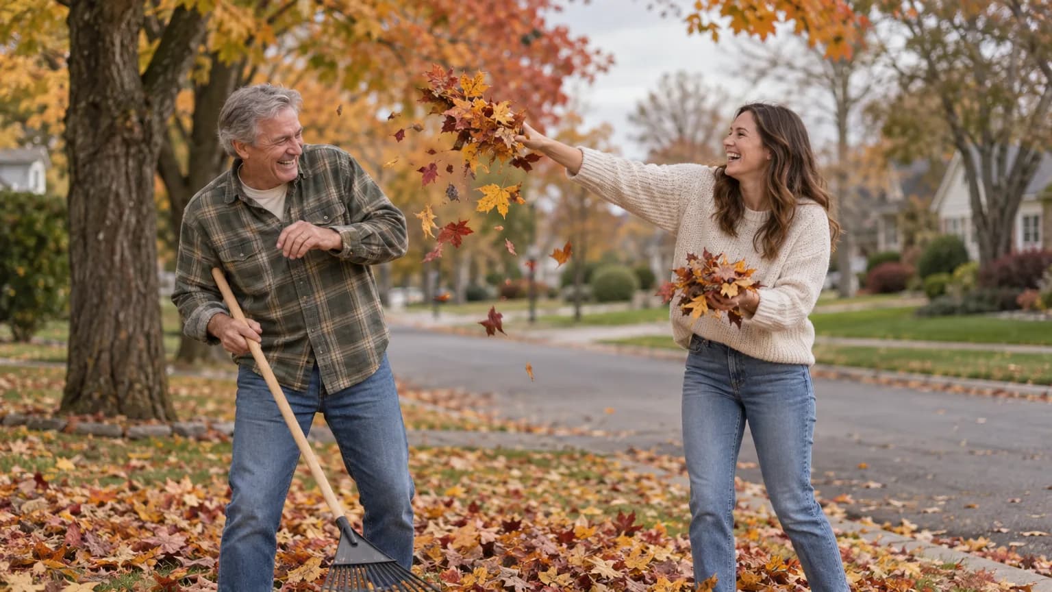 A father and his adult daughter raking fall leaves on a suburban street in Ohio.