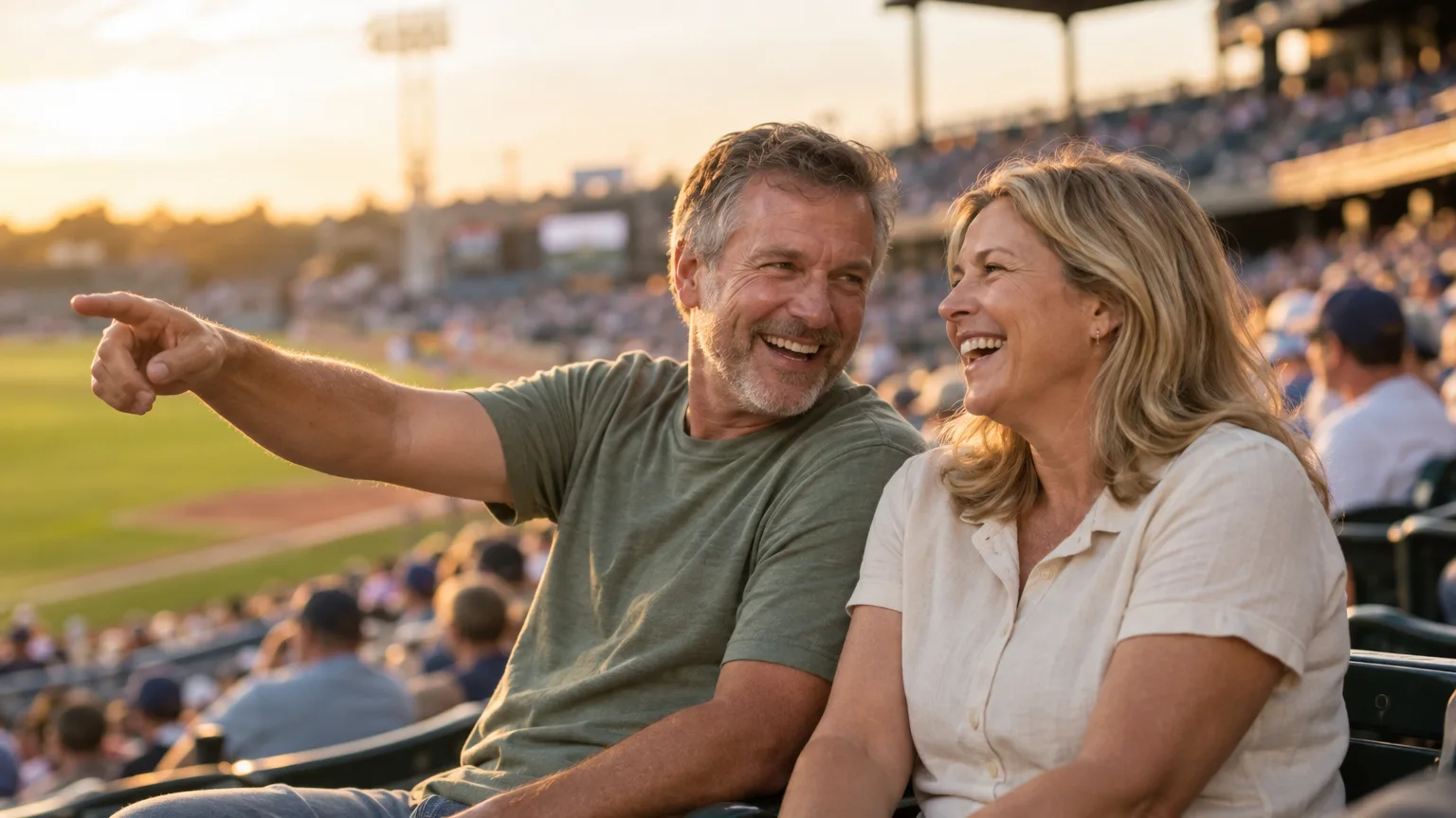 A couple laughing in the stands at a ballpark in Pennsylvania on a summer evening.