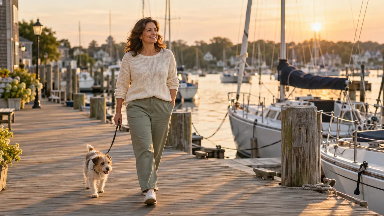 A woman walking her dog along a harbor pier in Rhode Island.