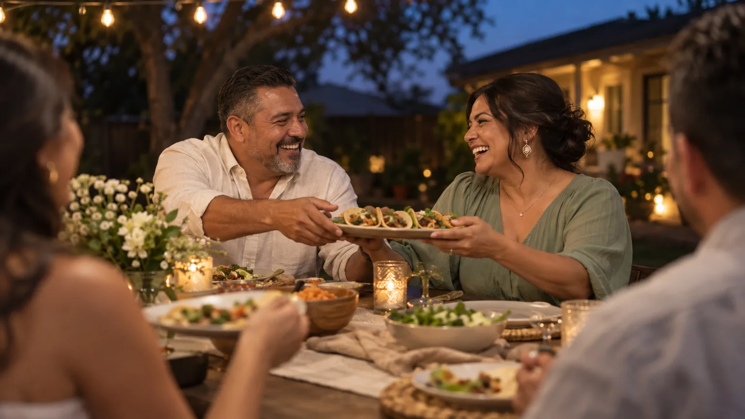A couple at a backyard dinner under string lights in Texas.
