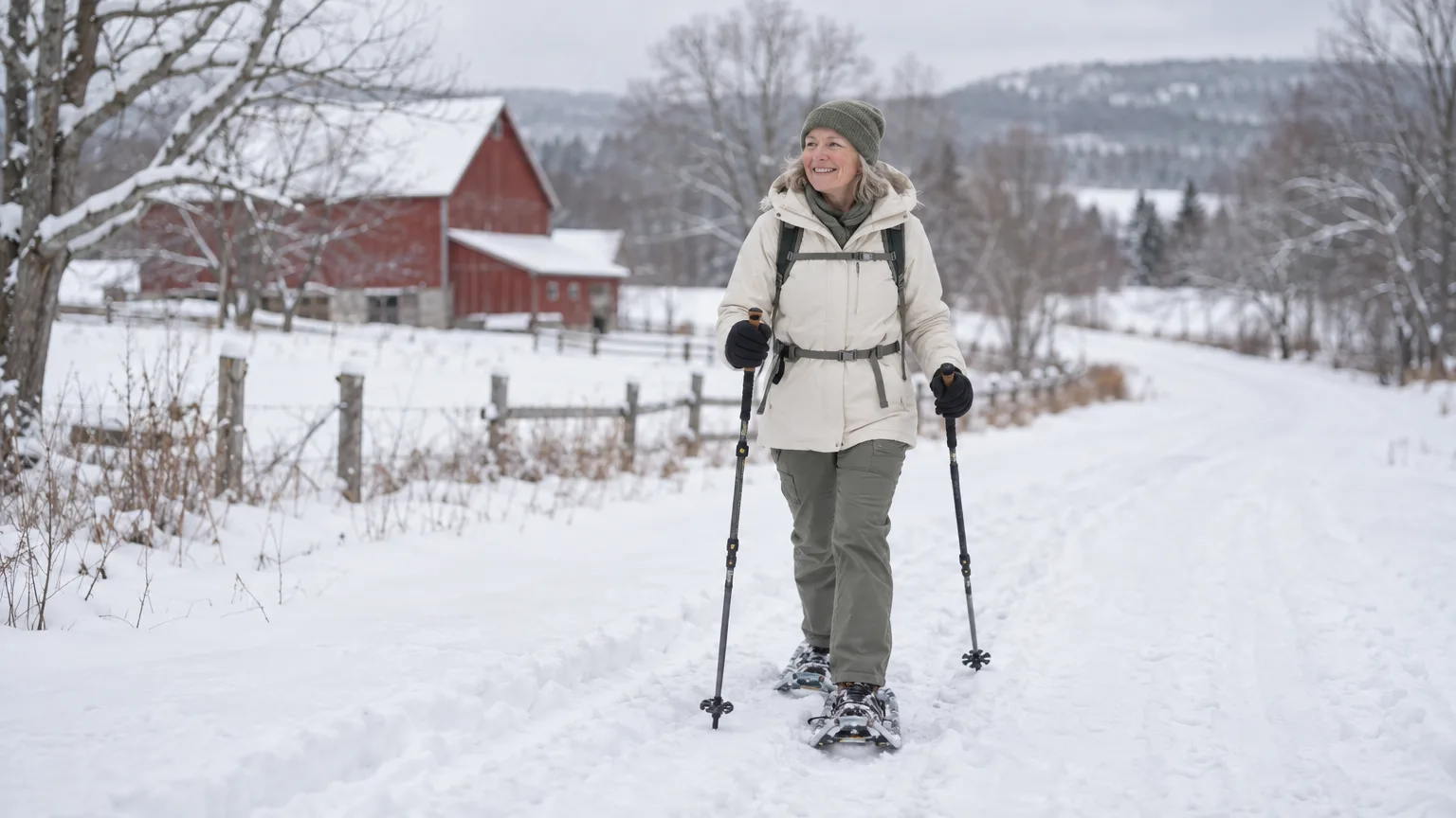 A woman snowshoeing a snowy back road in Vermont.