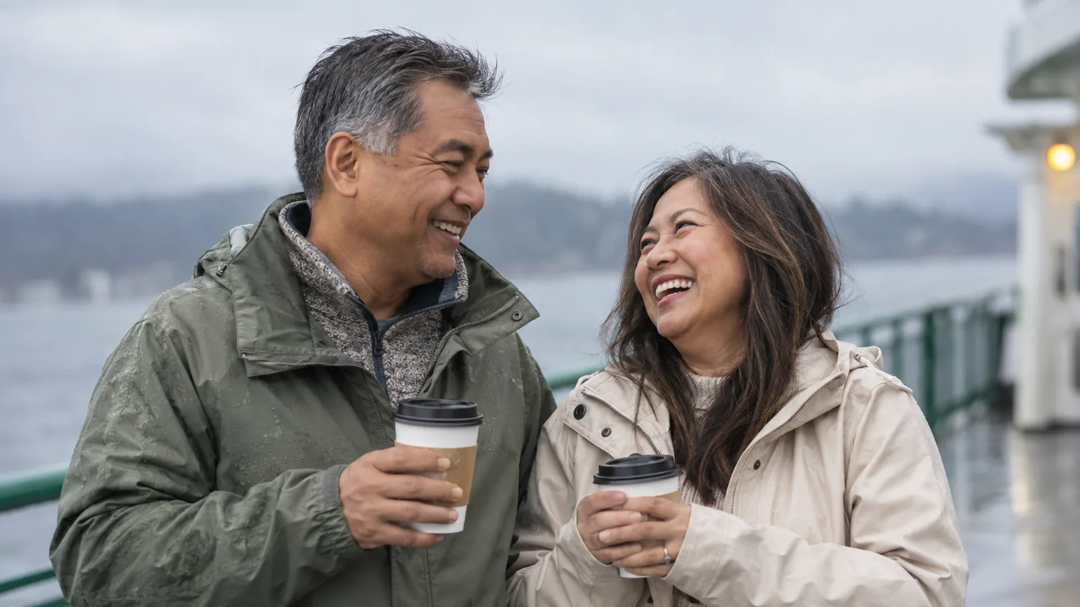 A couple sharing coffee on a ferry deck in Washington in a light drizzle.