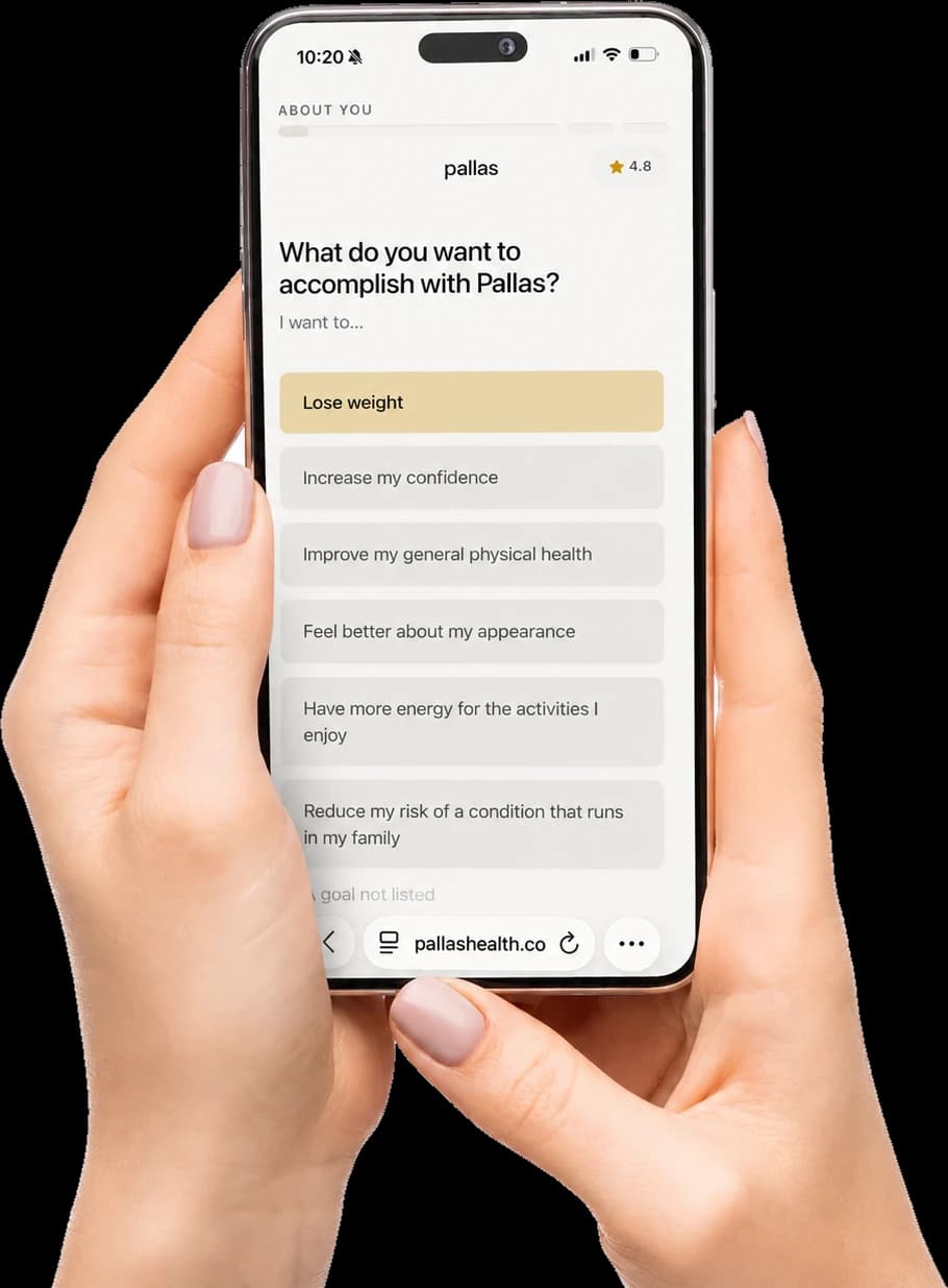 Hands holding a phone showing the Pallas online intake's goals question