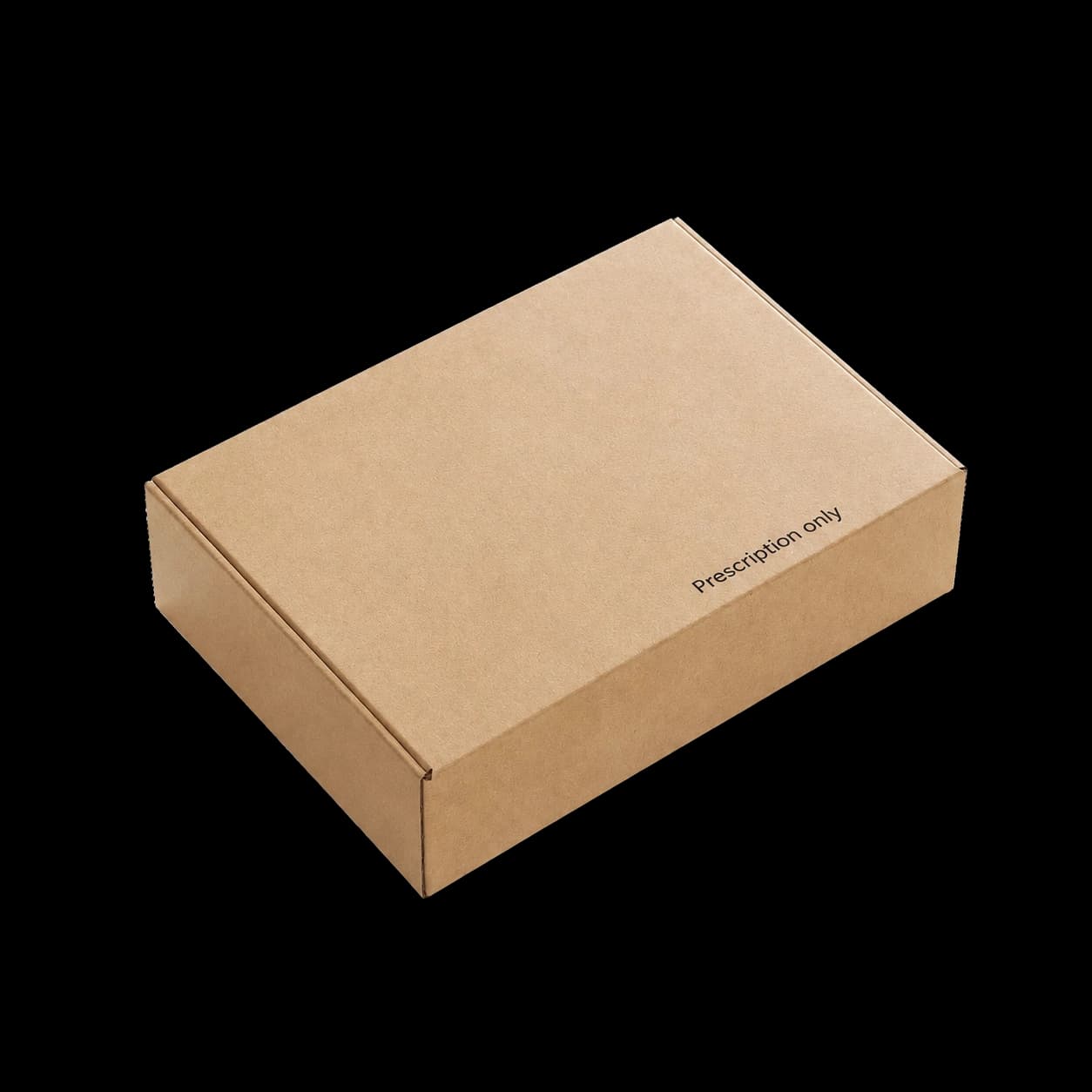 A plain kraft shipping box marked Prescription only