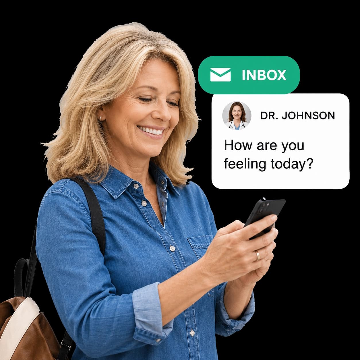 A woman smiling at her phone as a message from her provider asks how she is feeling