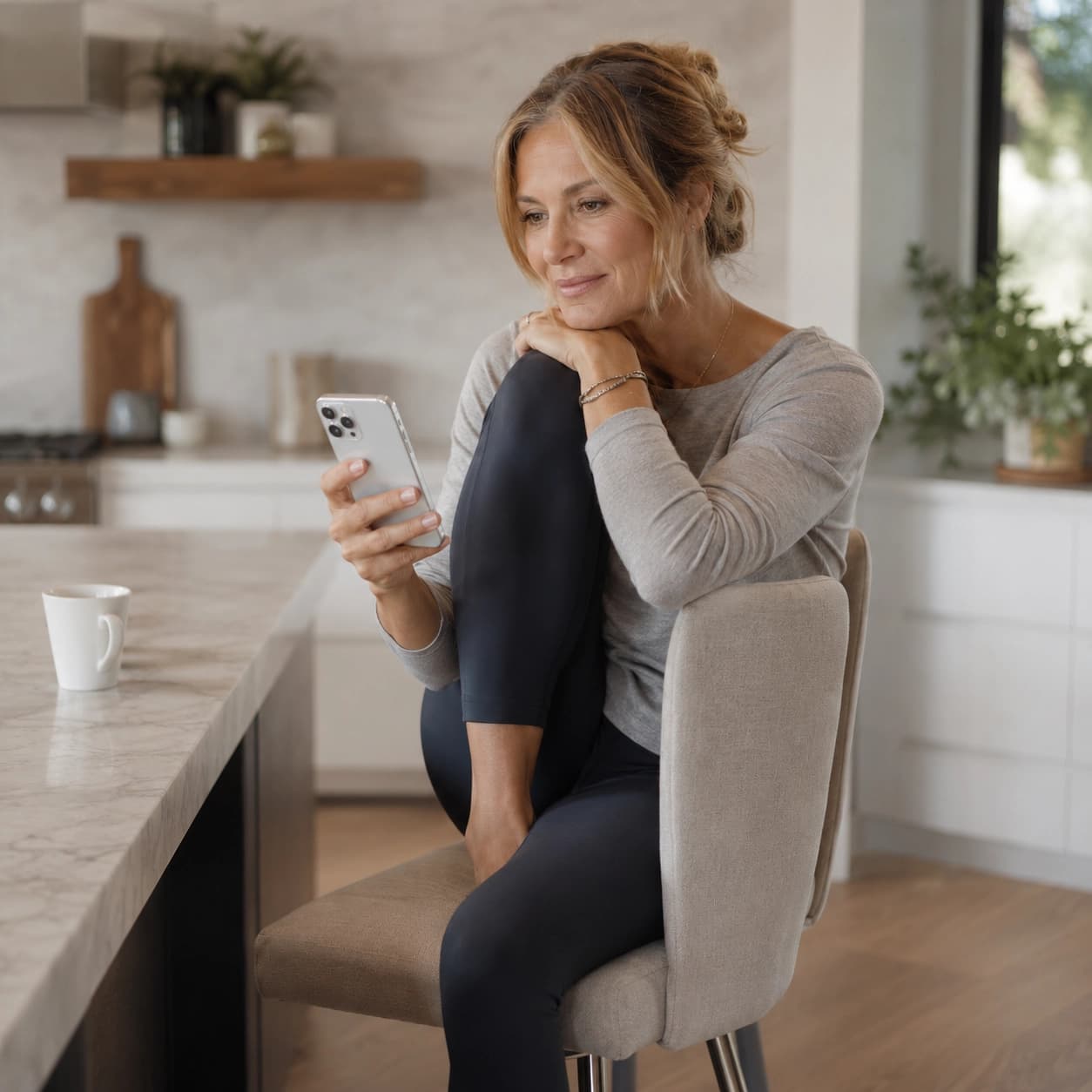 A woman checking in with her care team from her phone at home